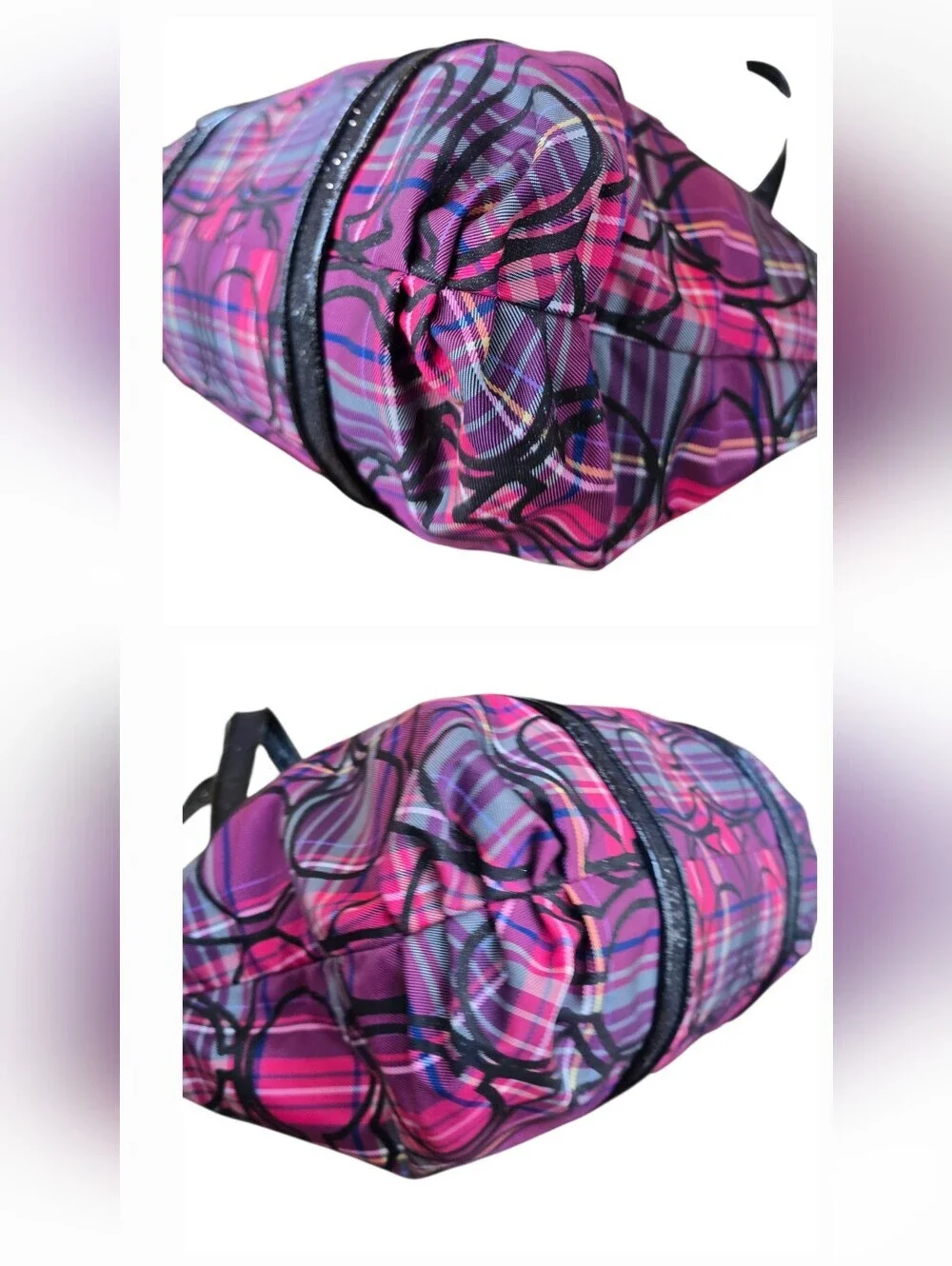 Coach Poppy Tartan Glam Purple Magenta Black Tote Bag And Wristlet   Set